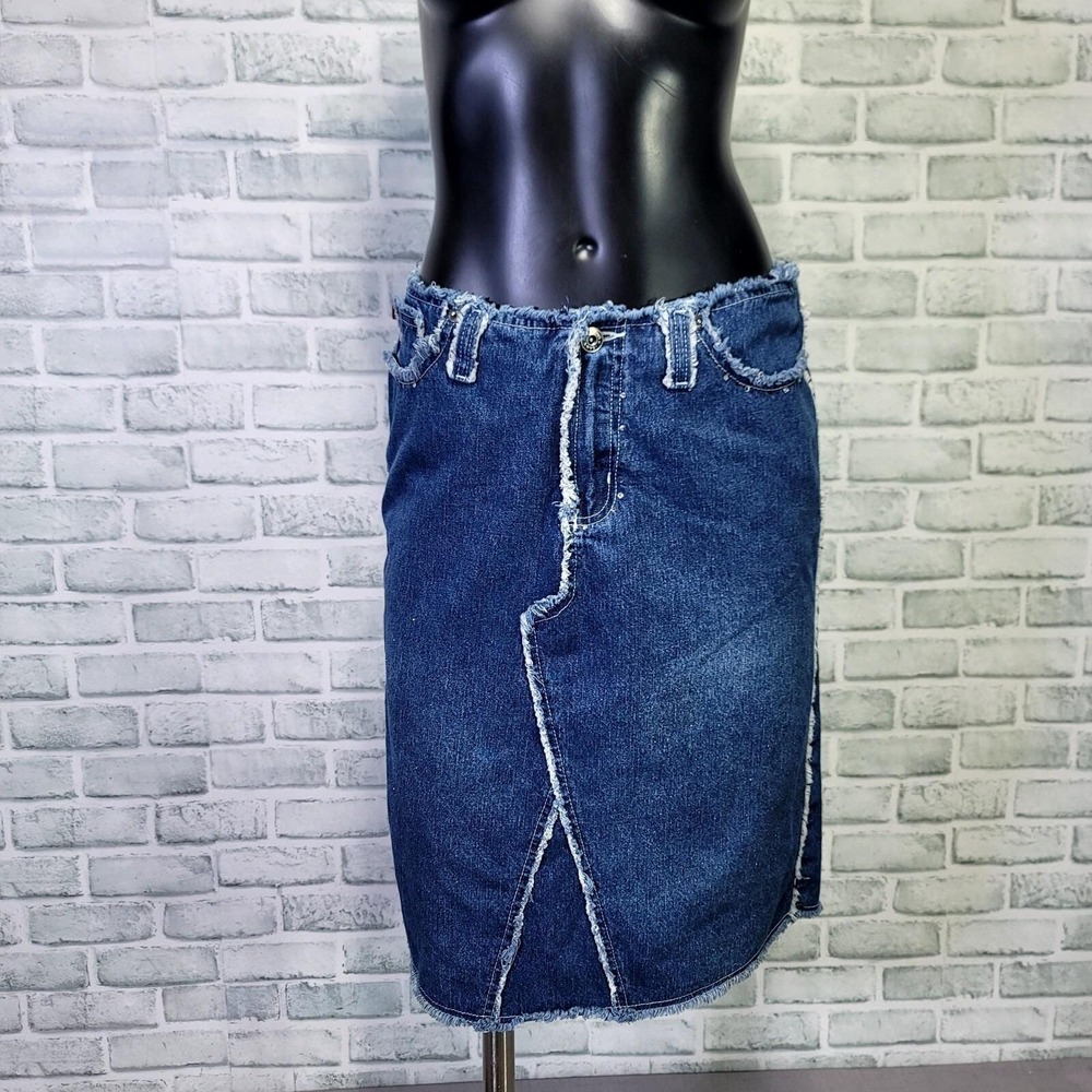 Vintage 90s Y2K Zana Di Low Rise Denim Pencil Skirt Knee Length Raw Edge Frayed